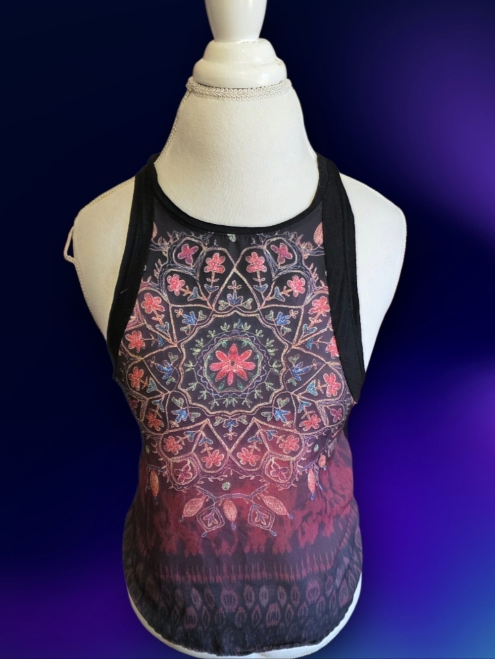🌺 Floral Mandala Print Racerback Tank Top - Black & Pink Sz S